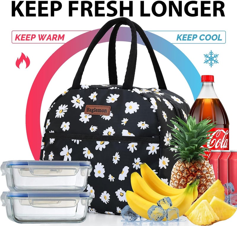 Baglemon Insulated Lunch Bag for Women Men, Lunch Containers Reusable High Capacity Lunch Tote Bags for Work Picnic (Blackdaisy) - Image 4